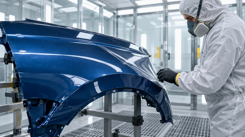 Protective coating on an automotive body panel in a paint booth