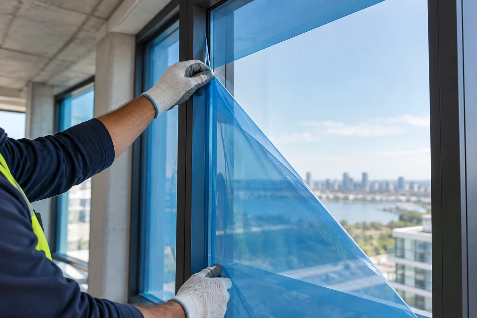 Temporary blue protective coating being removed from architectural glass