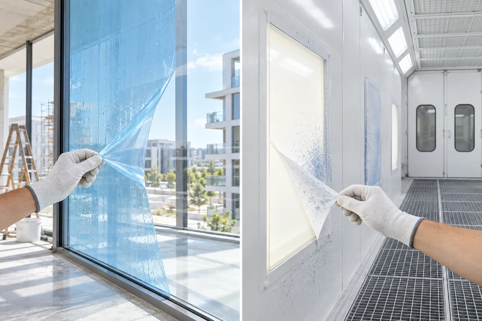 Illustration of peelable protective coatings on architectural glass and a paint booth wall