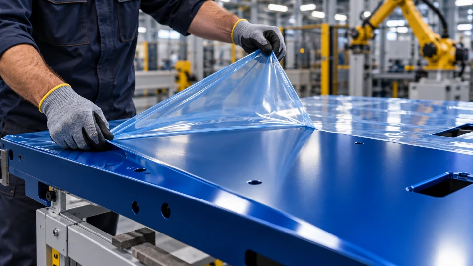 Protective coating being peeled from a newly manufactured machine panel